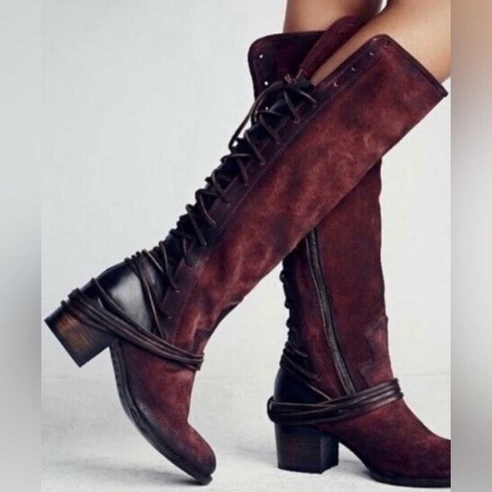 Freebird Coal Lace-Up Cherry Suede Boots - distressed 8